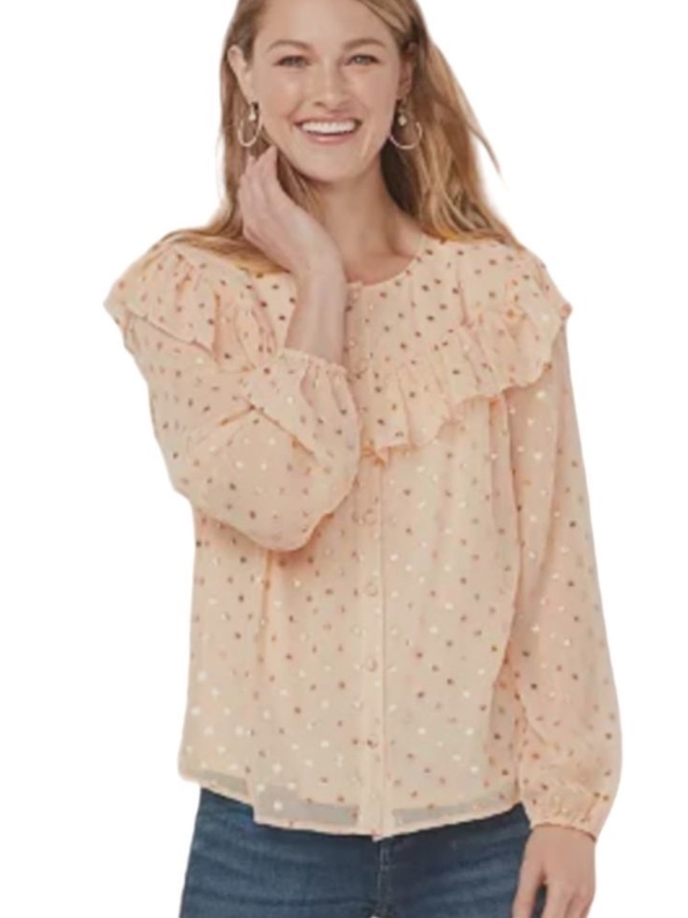LC Lauren Conrad Ruffle Shoulder
Champagne Rose Gold Dots Blouse Women's XL EUC